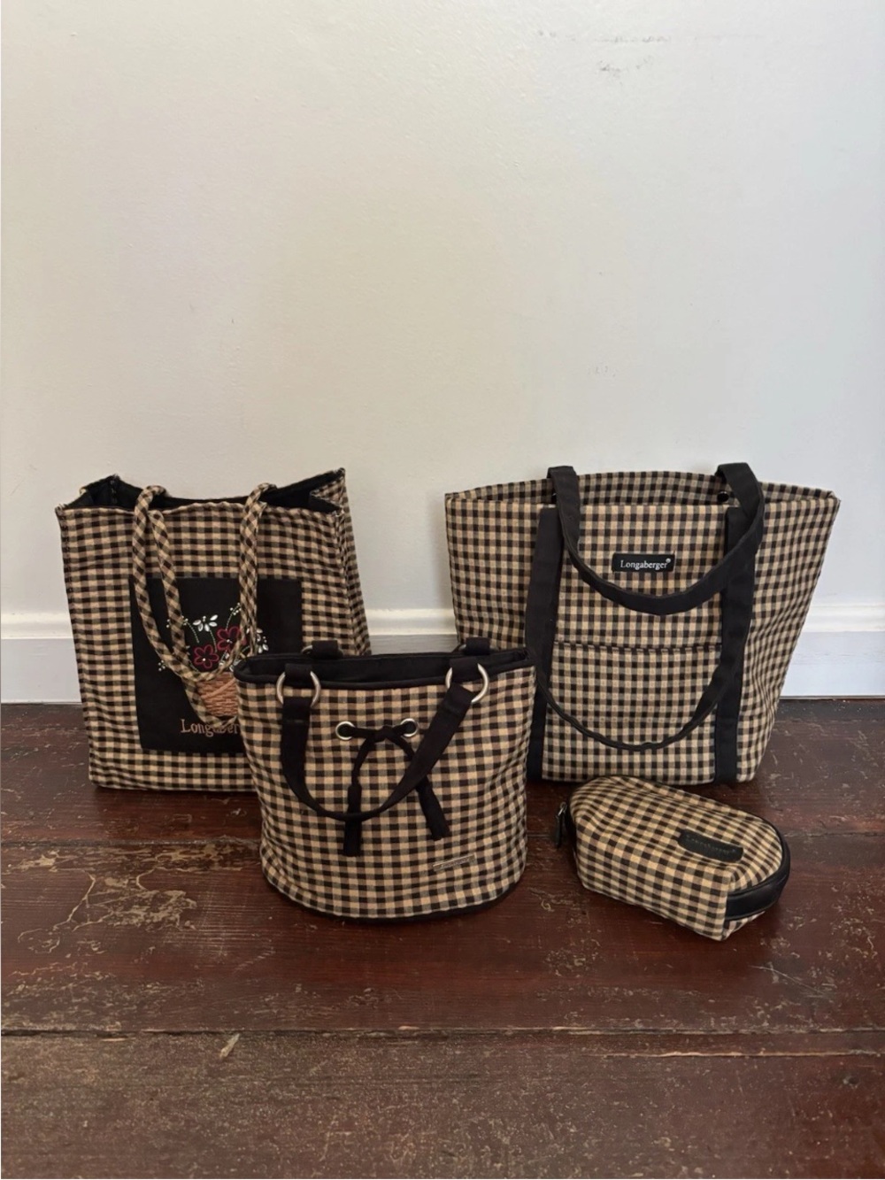 Longaberger Homestead Black & Tan Gingham Check Totes Mini Purse & Cosmetic Bag
